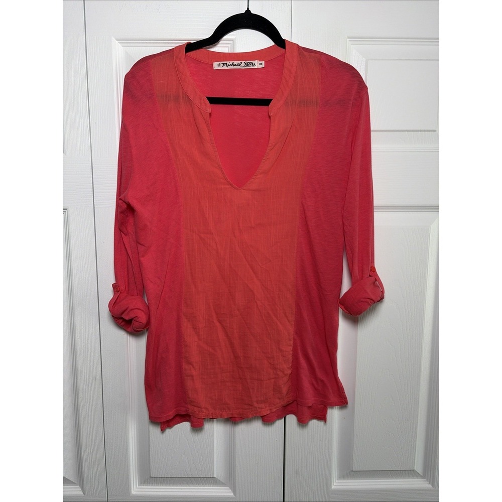 Michael Stars Mixed Media V-Neck Tunic Womens Size OS Pink Roll Tab Cotton Modal